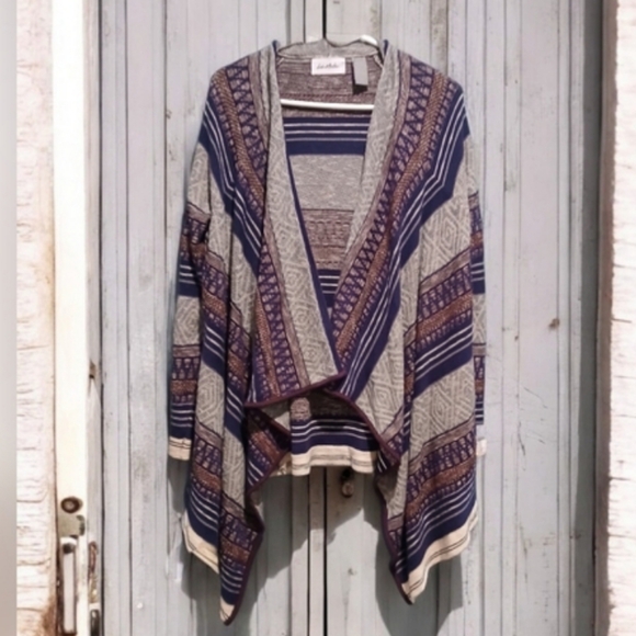 Le Moda Tribal Striped Cardigan Sweater Womans Medium Tan Blue Maroon Drape - Picture 1 of 7